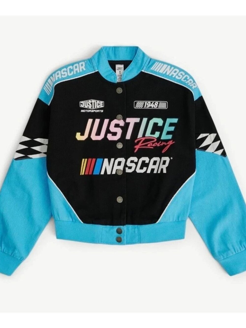 Justice x NASCAR Girls Racing Jacket Black Blue Snap Front Bomber Size M (10)